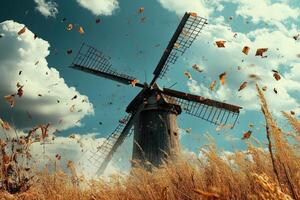 A windmill in the middle of a field with leaves flying around it photo