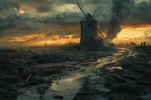 A windmill in the middle of a muddy field photo