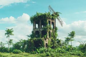 An old windmill surrounded by plants and trees photo