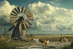 A windmill and chickens in a field photo