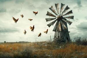 A windmill and a flock of chickens flying over it photo