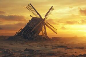 A windmill is sitting in the sand at sunset photo