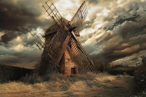 An old windmill is shown under a cloudy sky photo