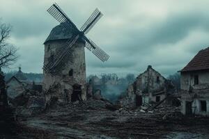 A windmill stands in the middle of a destroyed town photo