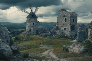 A windmill and a ruined castle on a hill photo