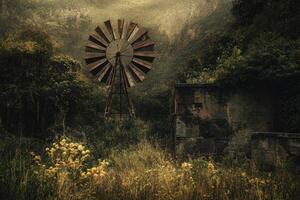 A windmill in a field with a mountain in the background photo