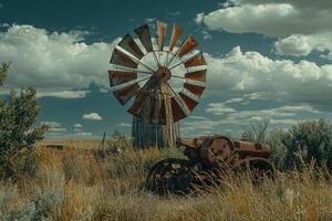 A rusty windmill and a tractor in a field photo