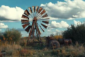 An old windmill in the middle of a field photo