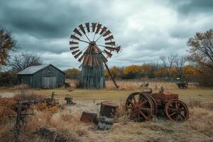 An old windmill and other farm equipment in a field photo