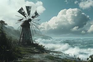 A windmill on the shore of the ocean with waves crashing in the background photo