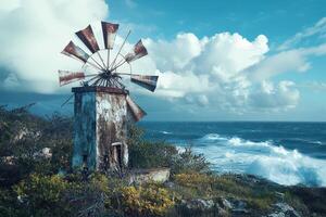 An old windmill on the edge of the ocean photo
