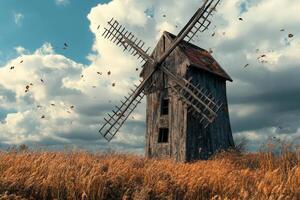 An old windmill in a field with some falling leaves photo