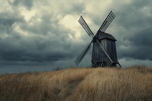 An old windmill sits in the middle of a field photo