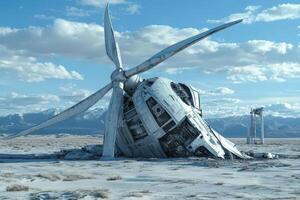 A wind turbine in the middle of a desert photo