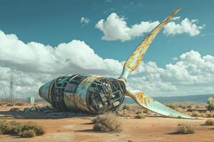A rusted propeller in the desert with a cloudy sky photo