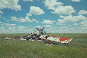 A rusted out truck in a field photo