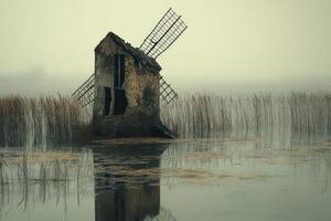 An old windmill sits in the middle of a lake photo