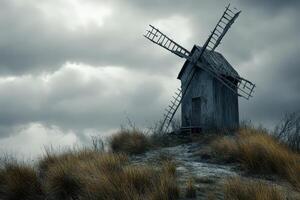 An old windmill sits on a hill in the middle of a field photo