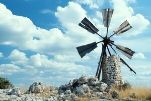 A windmill on a rocky hill photo