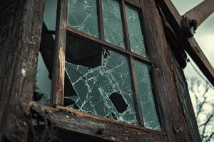 A broken window with a broken glass pane photo