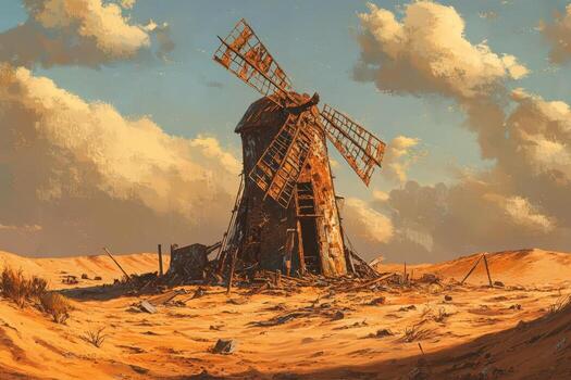 A windmill in the desert with a cloudy sky photo