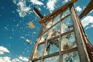 A broken window with a broken glass on it photo