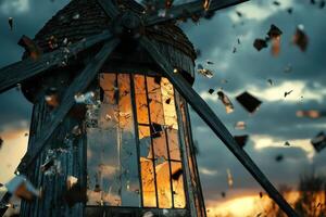 A windmill with broken glass and broken windows photo