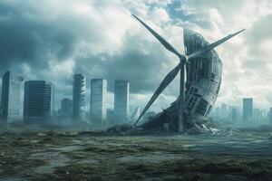 An image of a wind turbine in the middle of a city photo