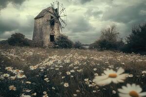 A windmill in a field with daisies photo