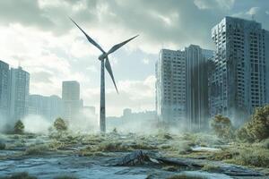A wind turbine in a city with buildings and trees photo