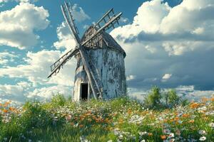 An old windmill in a field of flowers photo