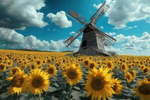 A windmill in a field of sunflowers photo