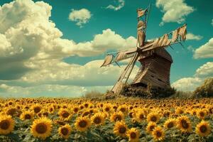 A windmill in a field of sunflowers photo