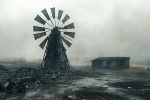 An old windmill in the middle of a field photo