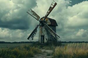An old windmill in a field with a cloudy sky photo