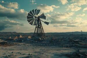A windmill in the middle of a destroyed landscape photo