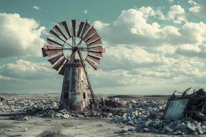 An old windmill in the desert with a cloudy sky photo