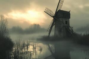 A windmill in the fog with a pond photo