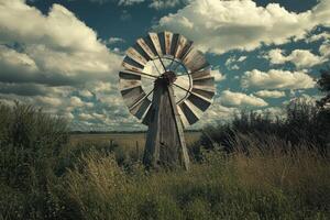 A windmill in a field with a cloudy sky photo