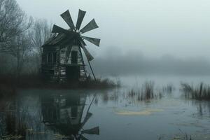 A windmill sits in the middle of a lake photo