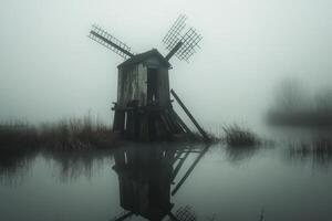 A windmill sits in the middle of a lake photo