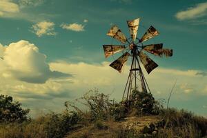 A rusty windmill on a hill photo