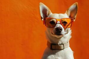 A dog wearing orange sunglasses and a collar photo