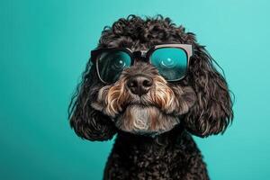 A black dog wearing sunglasses on a blue background photo