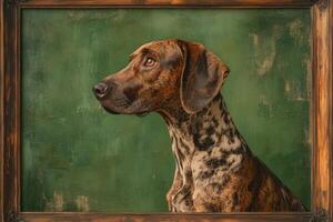 A dog in a wooden frame with green background photo