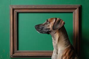 A dog looking up at a frame on a green wall photo