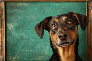A dog is looking up at the camera in front of a green background photo