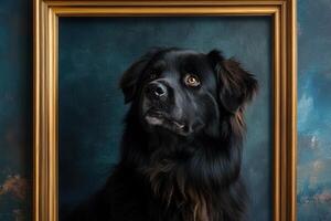 A black dog is in a gold frame on a blue background photo