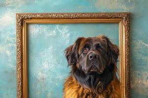 A dog is looking into a frame with a blue background photo