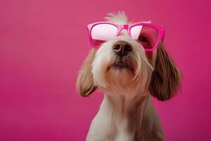 A dog wearing pink sunglasses on a pink background photo